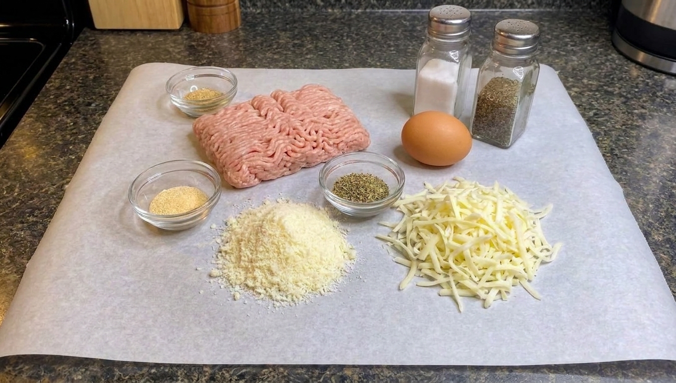 Ground chicken, grated Parmesan, shredded mozzarella, and an egg with seasonings arranged on a kitchen counter