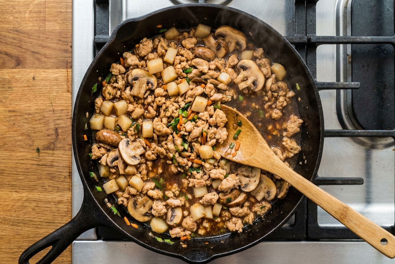 Ground chicken lettuce wrap filling simmering in a skillet with visible diced water chestnuts and mushrooms, a wooden spoon stirring