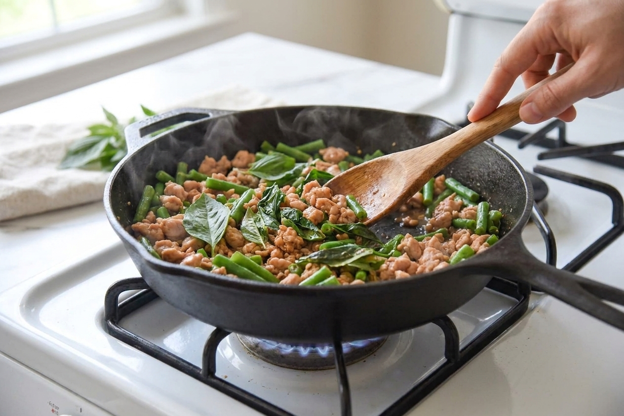 Ground chicken stir-frying in a dark skillet with green beans and basil, with a wooden spoon stirring over a home stove