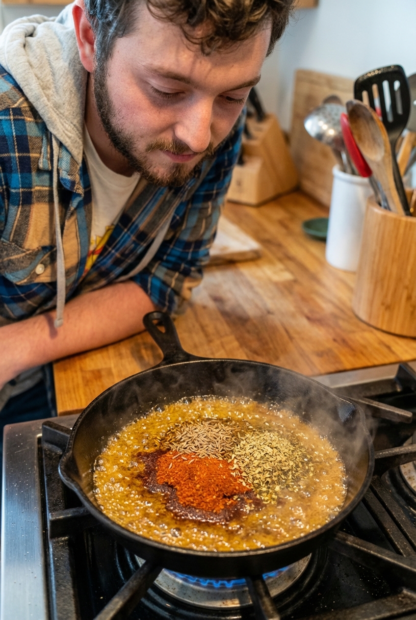 Ground chili powder and spices blooming in oil in a small skillet