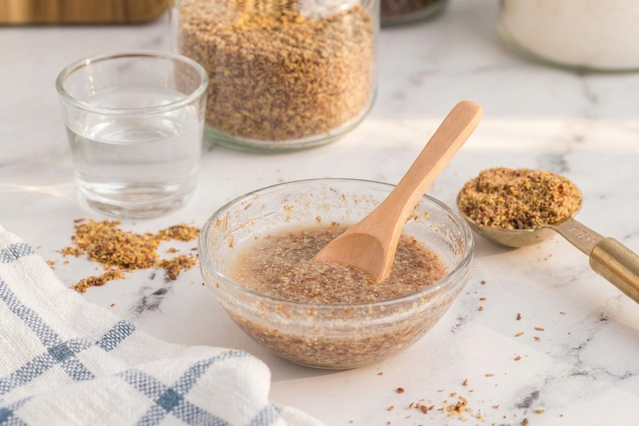 Ground flaxseed in a small bowl next to a measuring spoon and a small glass of water on a clean kitchen counter