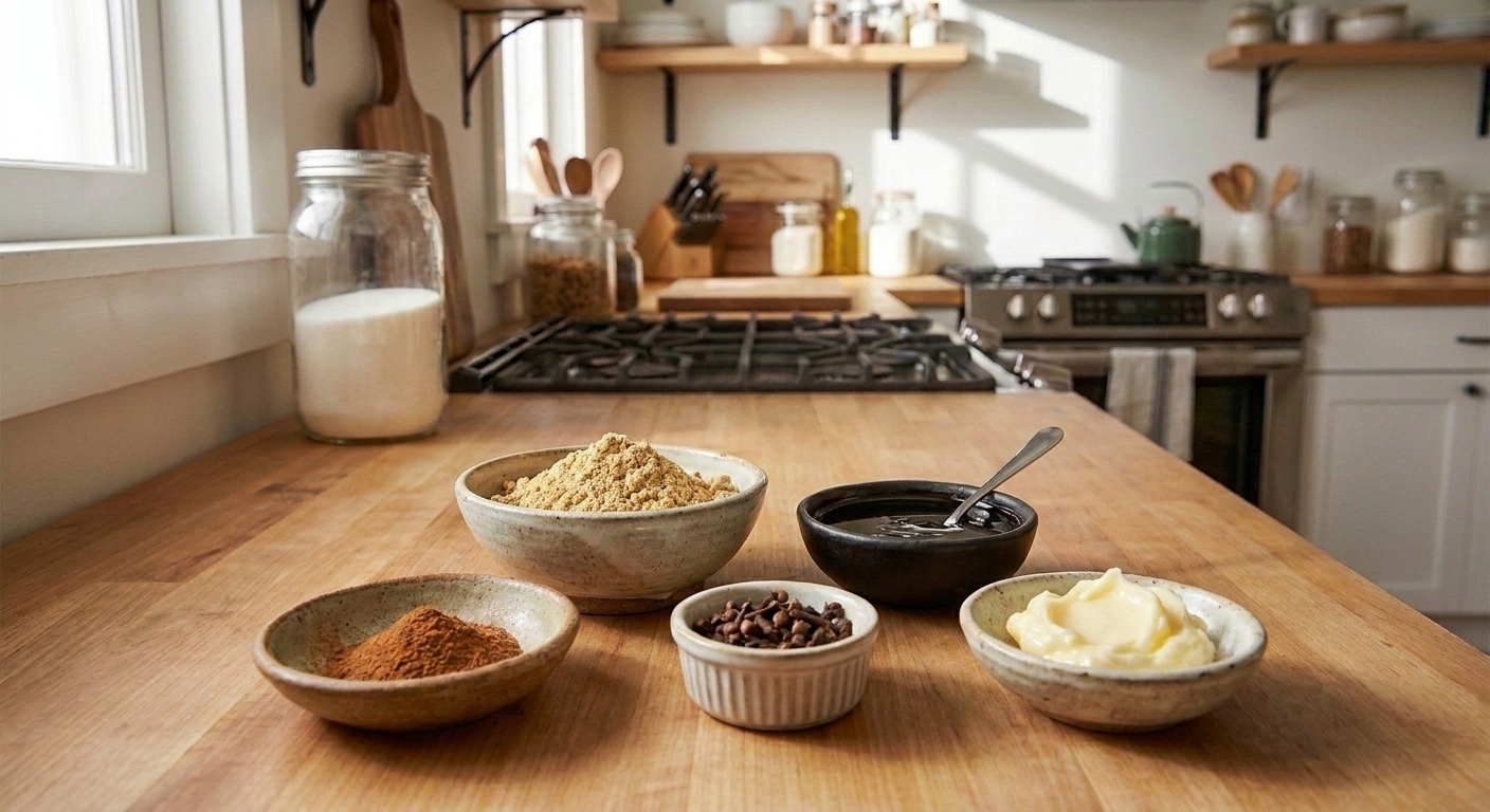 Ground ginger, cinnamon, cloves, molasses, and softened butter arranged in small bowls on a kitchen counter