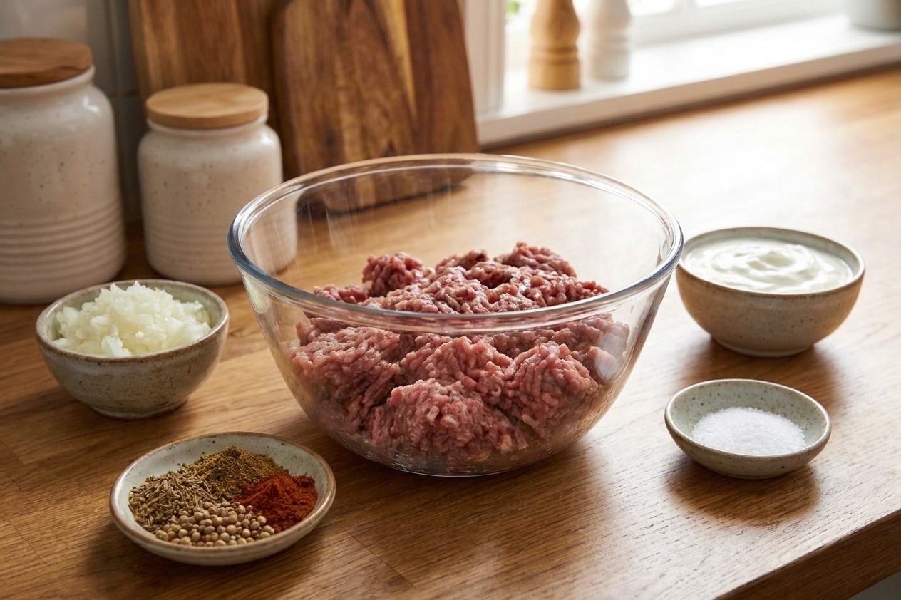 Ground lamb and beef with small bowls of spices, grated onion, garlic, salt, and yogurt arranged on a bright kitchen counter