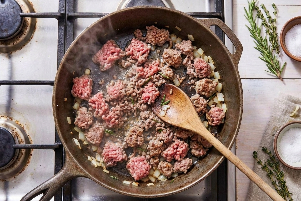 Ground lamb browning in a large skillet with a wooden spoon breaking it into small crumbles