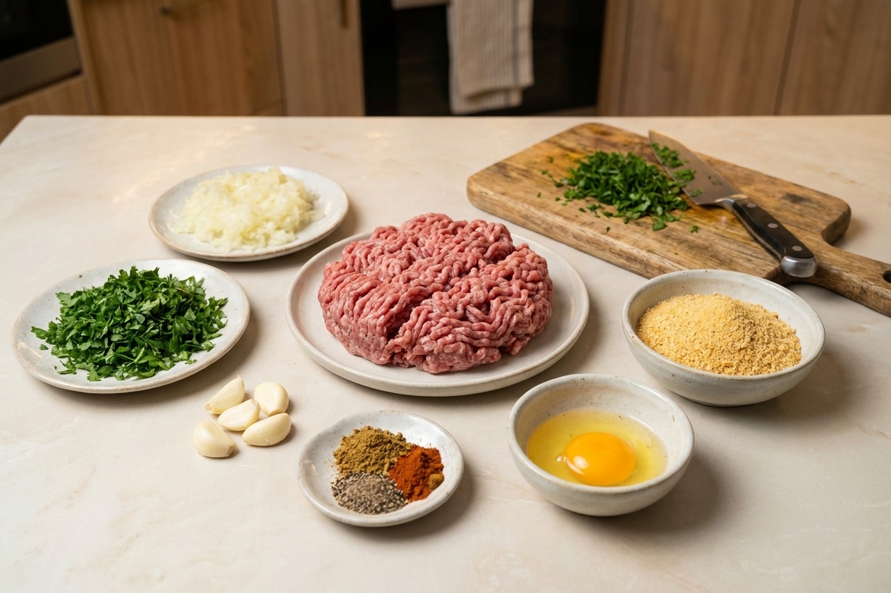 Ground lamb, chopped parsley, grated onion, garlic, spices, egg, and breadcrumbs arranged on a bright kitchen counter