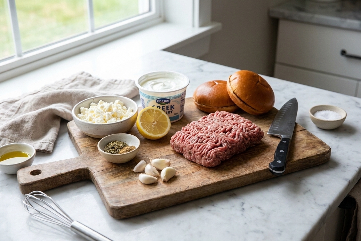 Ground lamb, garlic, lemon, feta, Greek yogurt, spices, and burger buns arranged on a clean kitchen counter with a cutting board
