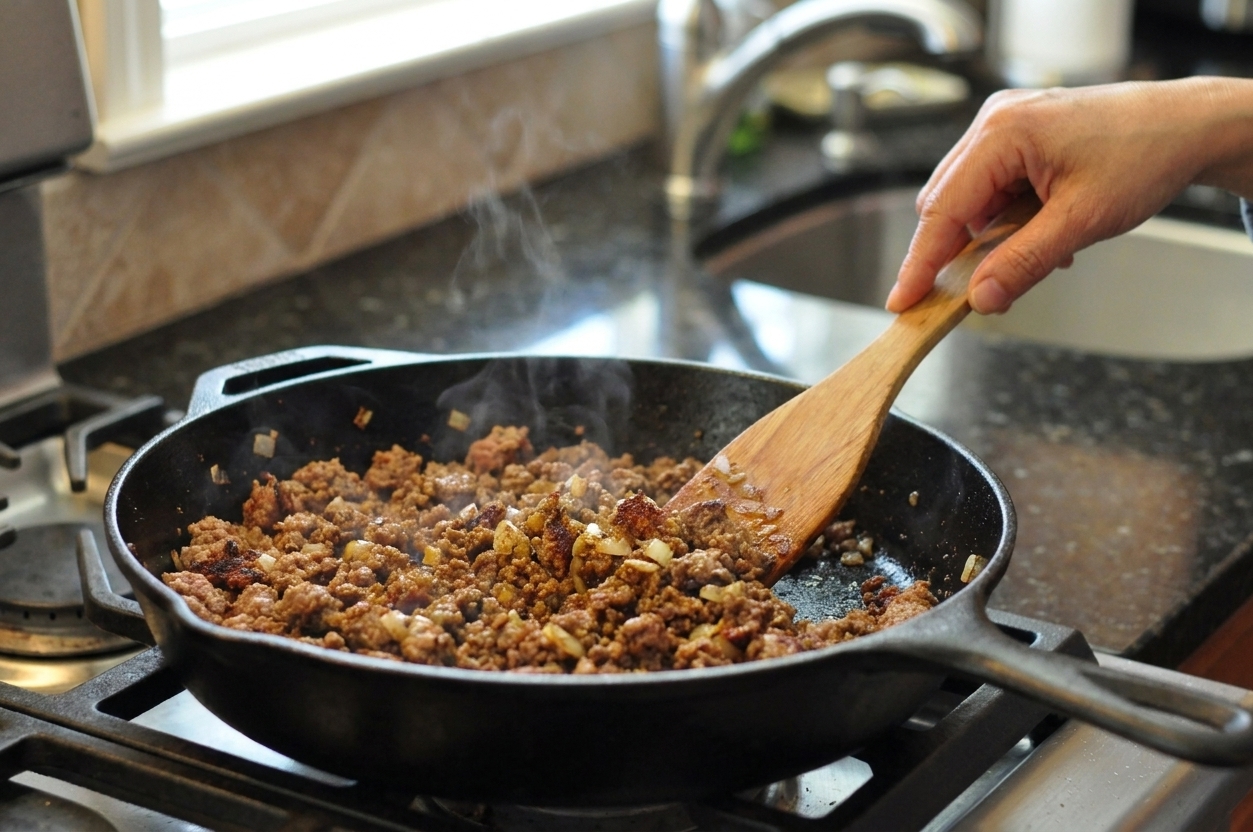 Ground lamb mixture sizzling and browning in a hot cast iron skillet with visible crispy edges