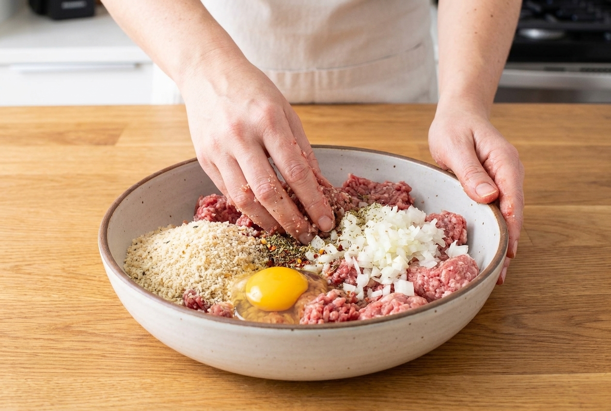 Ground meat being gently mixed with breadcrumbs, egg, onion, and spices in a large bowl on a kitchen counter