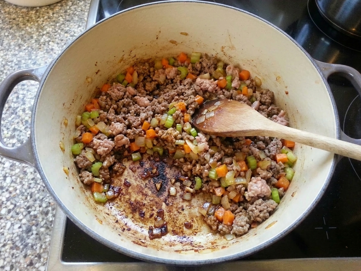 Ground meat browning in a Dutch oven with softened soffritto, showing caramelized bits forming on the bottom