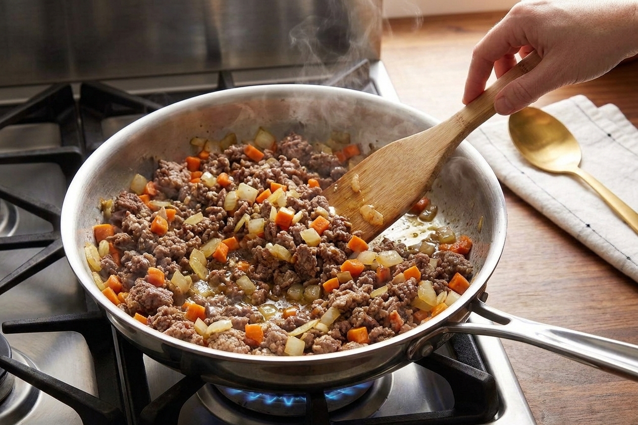 Ground meat browning in a large skillet with diced onions and carrots, cooking over a stovetop