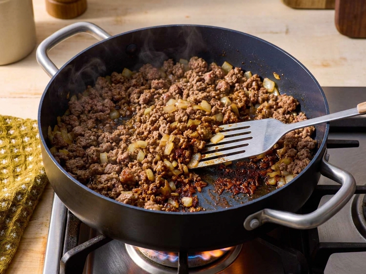 Ground meat browning in a skillet with onions, showing caramelized bits forming on the bottom
