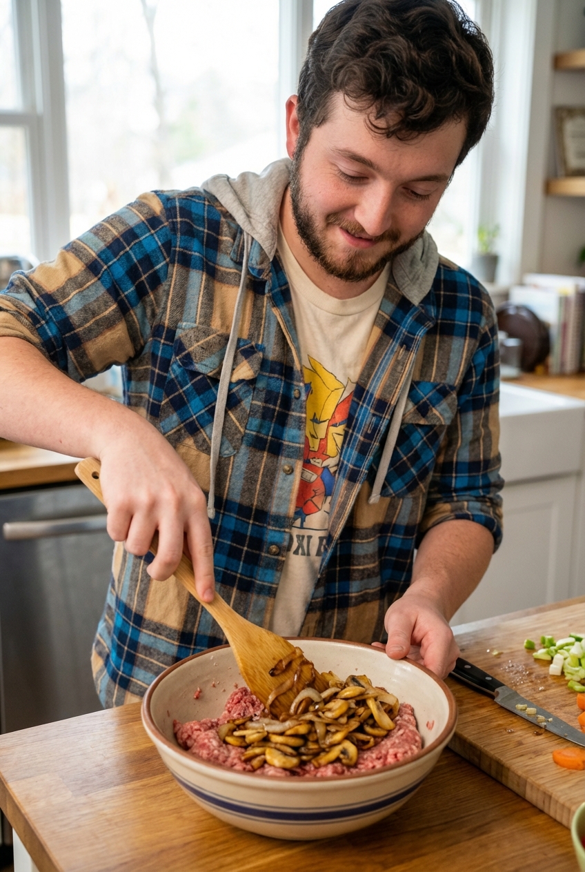 Ground meat mixture in a large bowl with sautéed mushrooms and onions being folded in with a spatula
