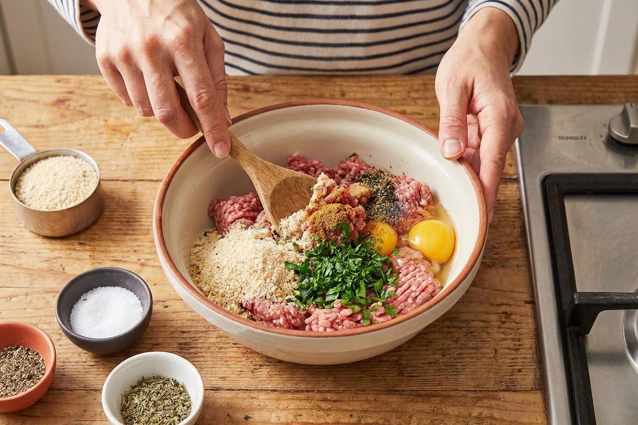 Ground meatball mixture being gently mixed in a large bowl on a kitchen counter, with a wooden spoon and seasonings nearby