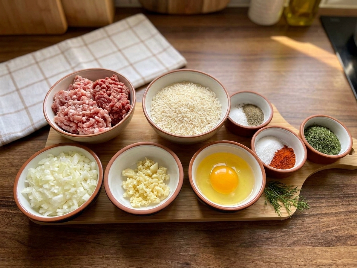 Ground pork and beef, uncooked rice, chopped onion, garlic, egg, and seasonings arranged in small bowls on a kitchen counter