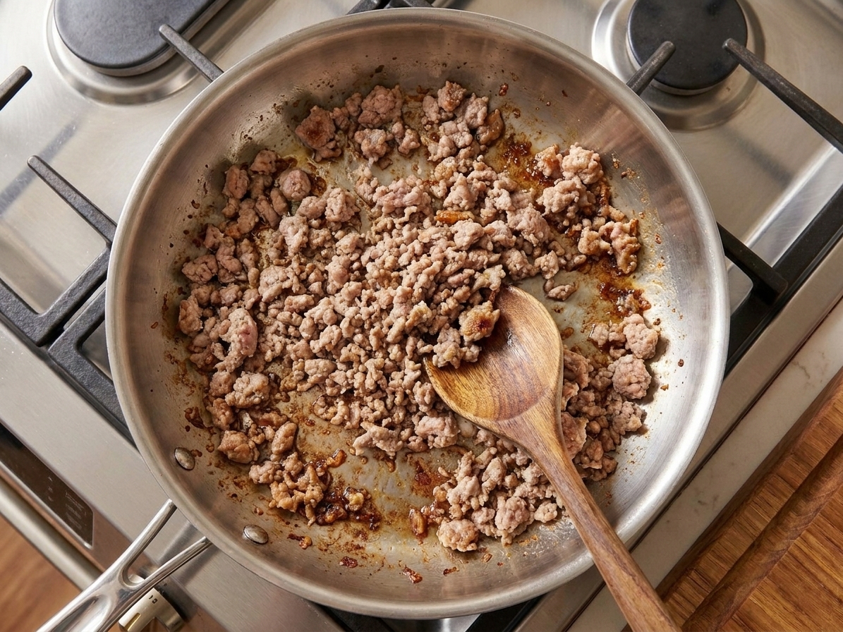 Ground pork browning in a large skillet with caramelized bits forming, viewed from above on a stovetop