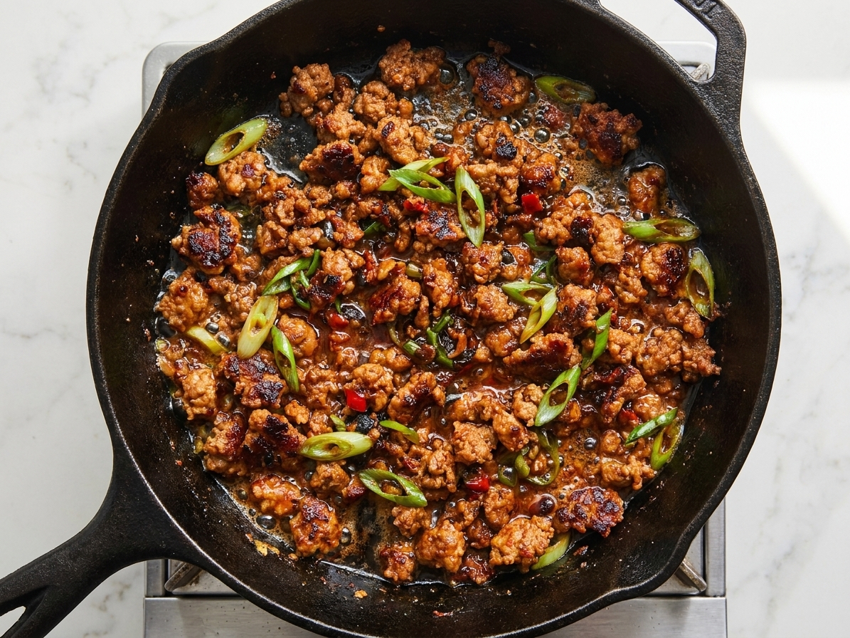 Ground pork browning in a skillet with doubanjiang and sliced scallions, showing crispy edges and a reddish sauce