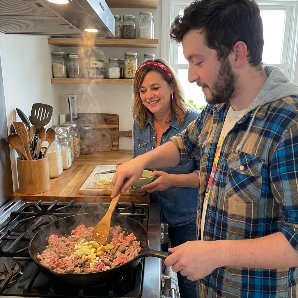 Ground pork browning in a skillet with garlic and ginger