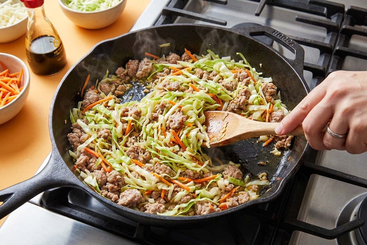 Ground pork egg roll filling with shredded cabbage and carrots being stirred in a skillet on a stovetop