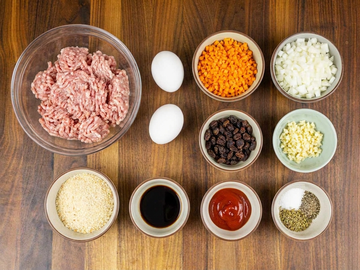 Ground pork, eggs, carrots, onion, garlic, raisins, breadcrumbs, soy sauce, ketchup, and seasonings arranged on a clean kitchen counter under soft natural light