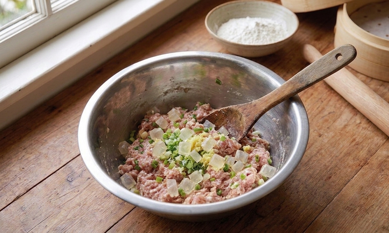 Ground pork filling in a bowl with small cubes of clear aspic folded through, ready for wrapping