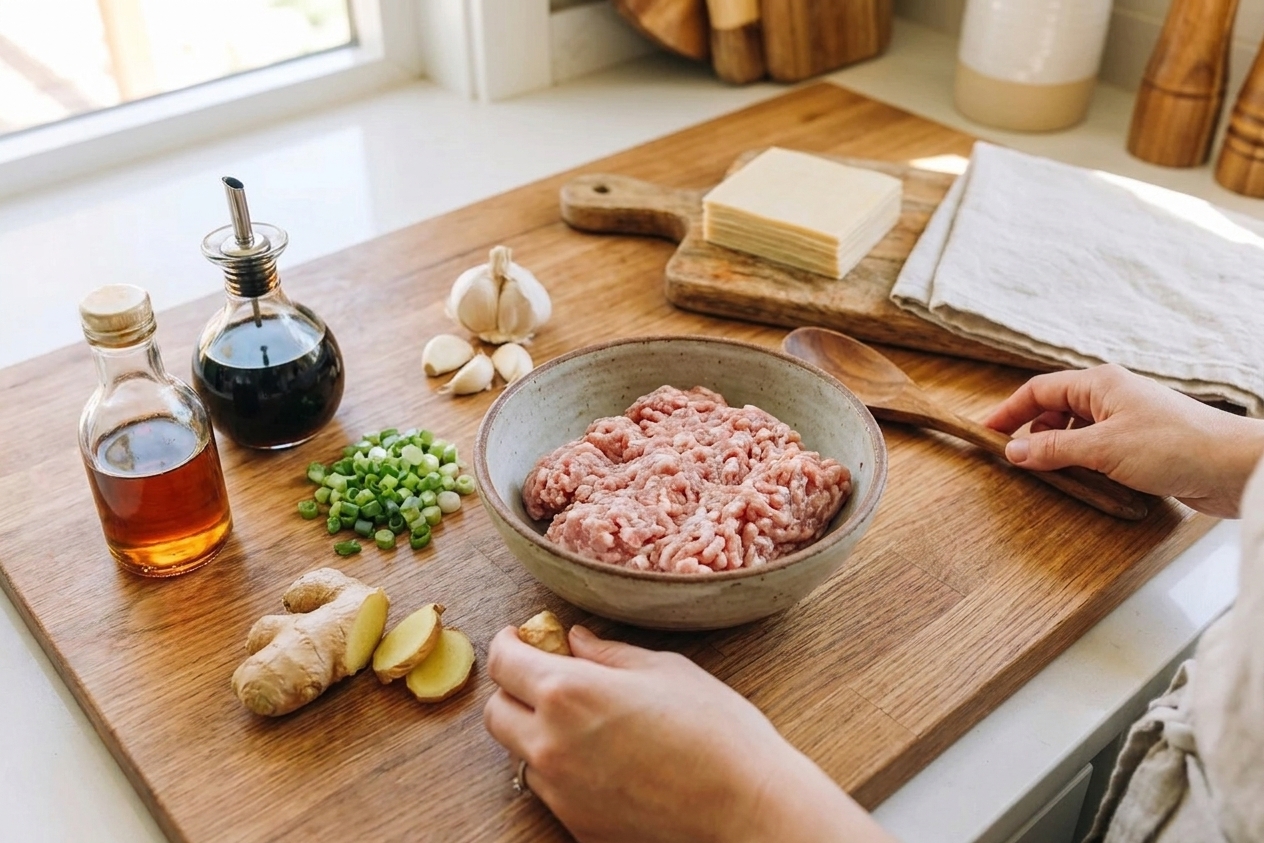 Ground pork in a bowl surrounded by scallions, ginger, garlic, soy sauce, sesame oil, and wonton wrappers arranged on a clean kitchen counter