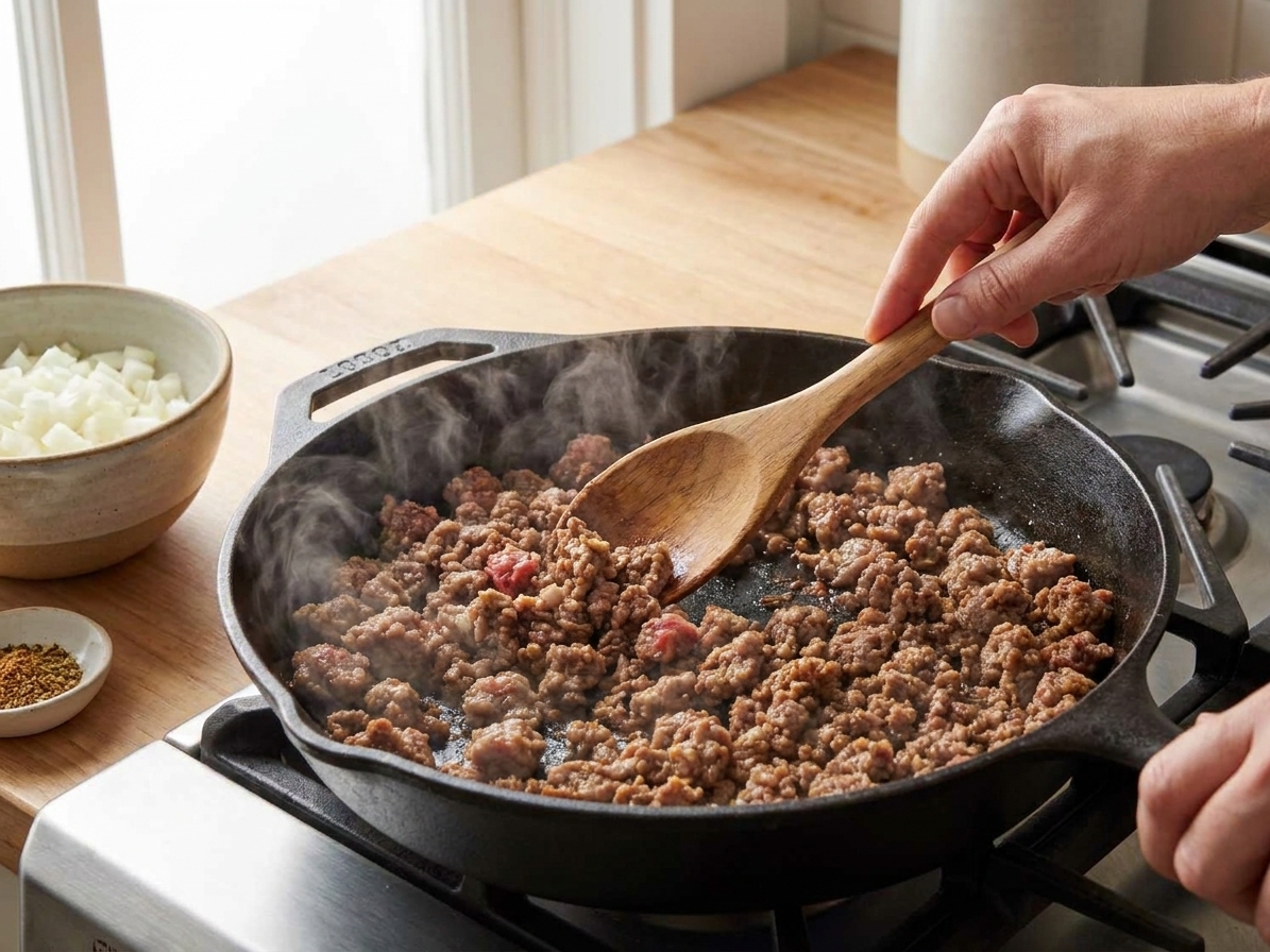 Ground sausage and ground beef browning in a large skillet on a stovetop, being broken into crumbles with a wooden spoon
