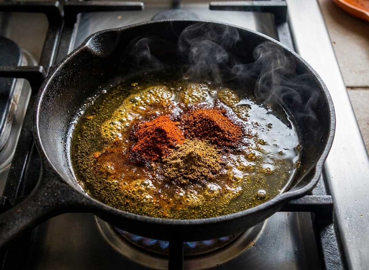 Ground spices sizzling gently in olive oil in a small skillet on a stovetop