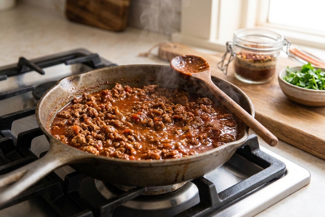 Ground taco meat simmering in a skillet with a glossy sauce, with a wooden spoon resting on the edge