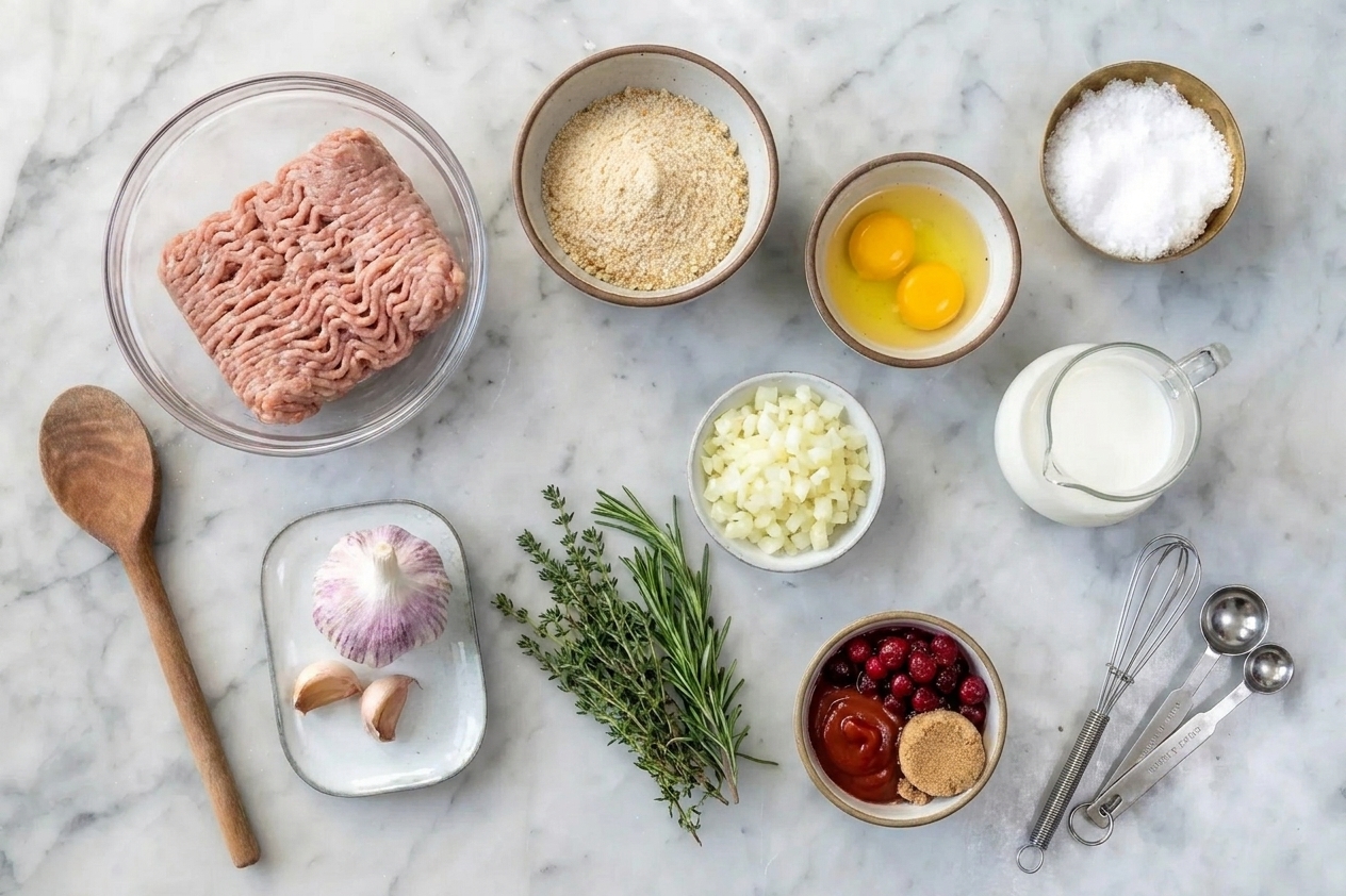 Ground turkey, breadcrumbs, eggs, onion, garlic, herbs, milk, and sauce ingredients arranged on a kitchen counter