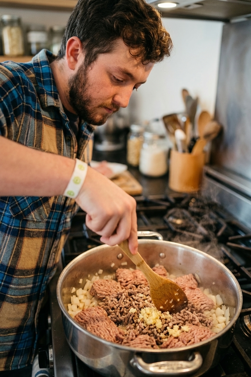 Ground turkey browning in a large pot with diced onions and garlic, a wooden spoon stirring, steam rising, close-up stovetop cooking scene, photorealistic food photography