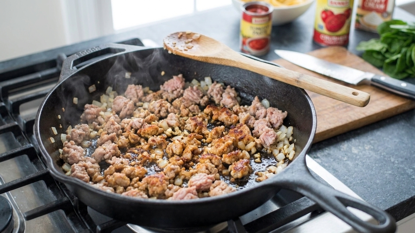 Ground turkey browning in a large skillet with golden crisp bits forming, a wooden spoon resting on the pan edge