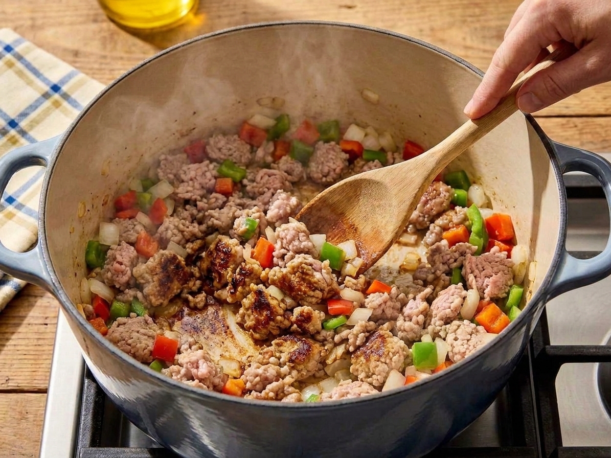 Ground turkey browning in a pot with onions and peppers, stirred with a wooden spoon on a stovetop