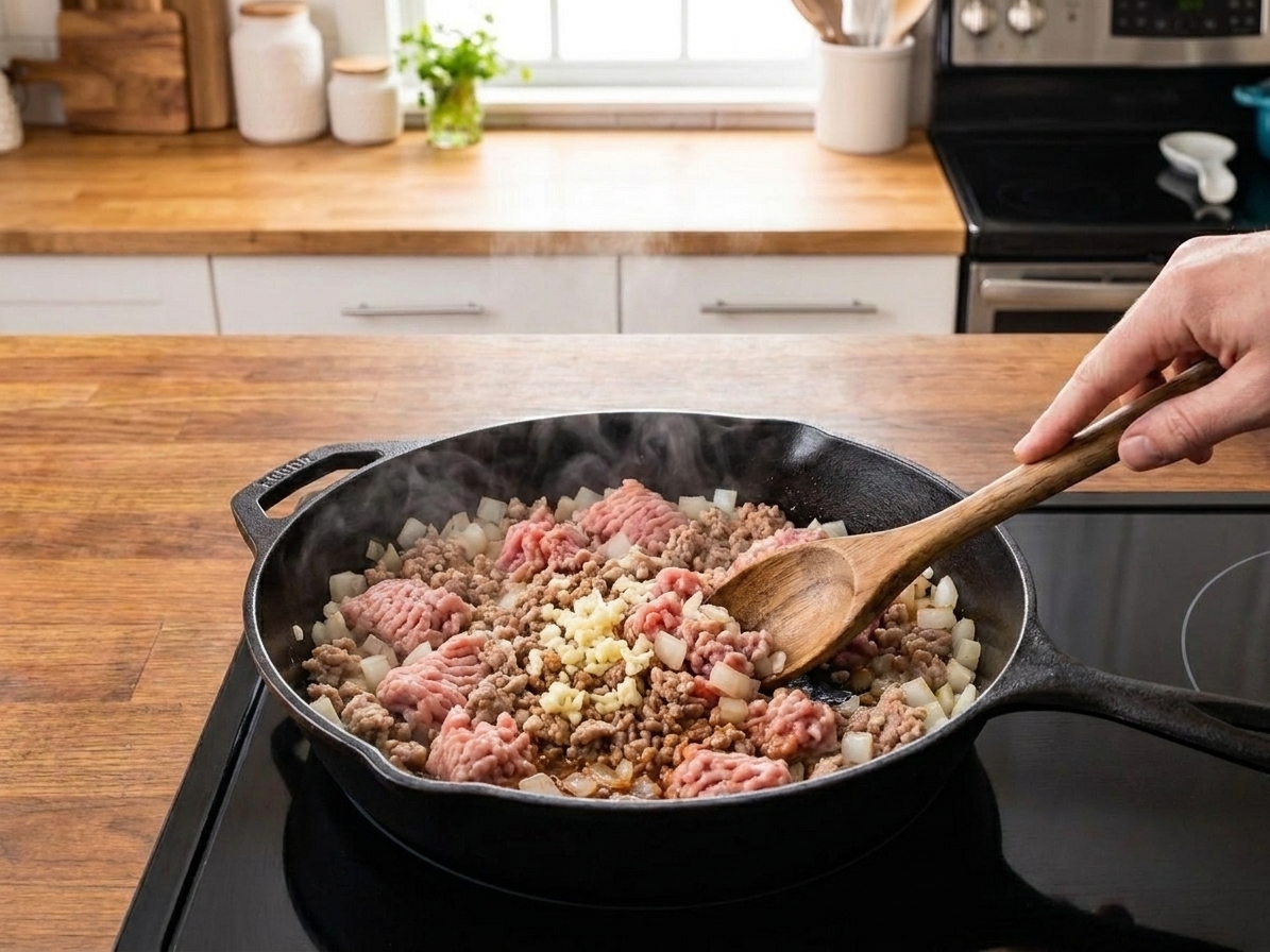 Ground turkey browning in a skillet with diced onions and minced garlic on a stovetop in a home kitchen