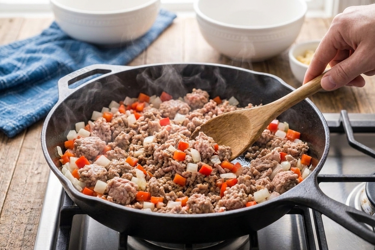 Ground turkey browning in a skillet with diced onions and peppers, being broken up with a wooden spoon