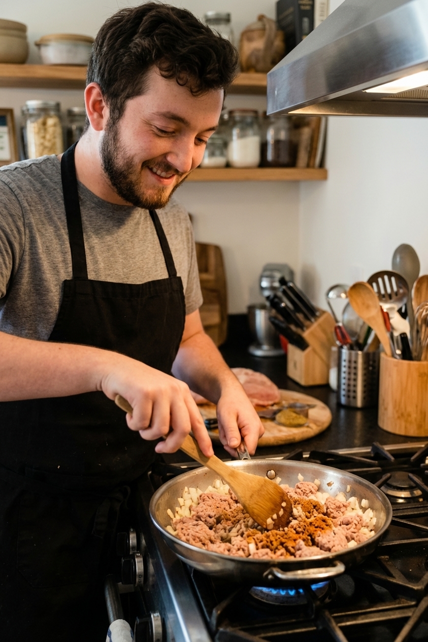 Ground turkey browning in a skillet with onions and spices, with a wooden spoon breaking it into crumbles