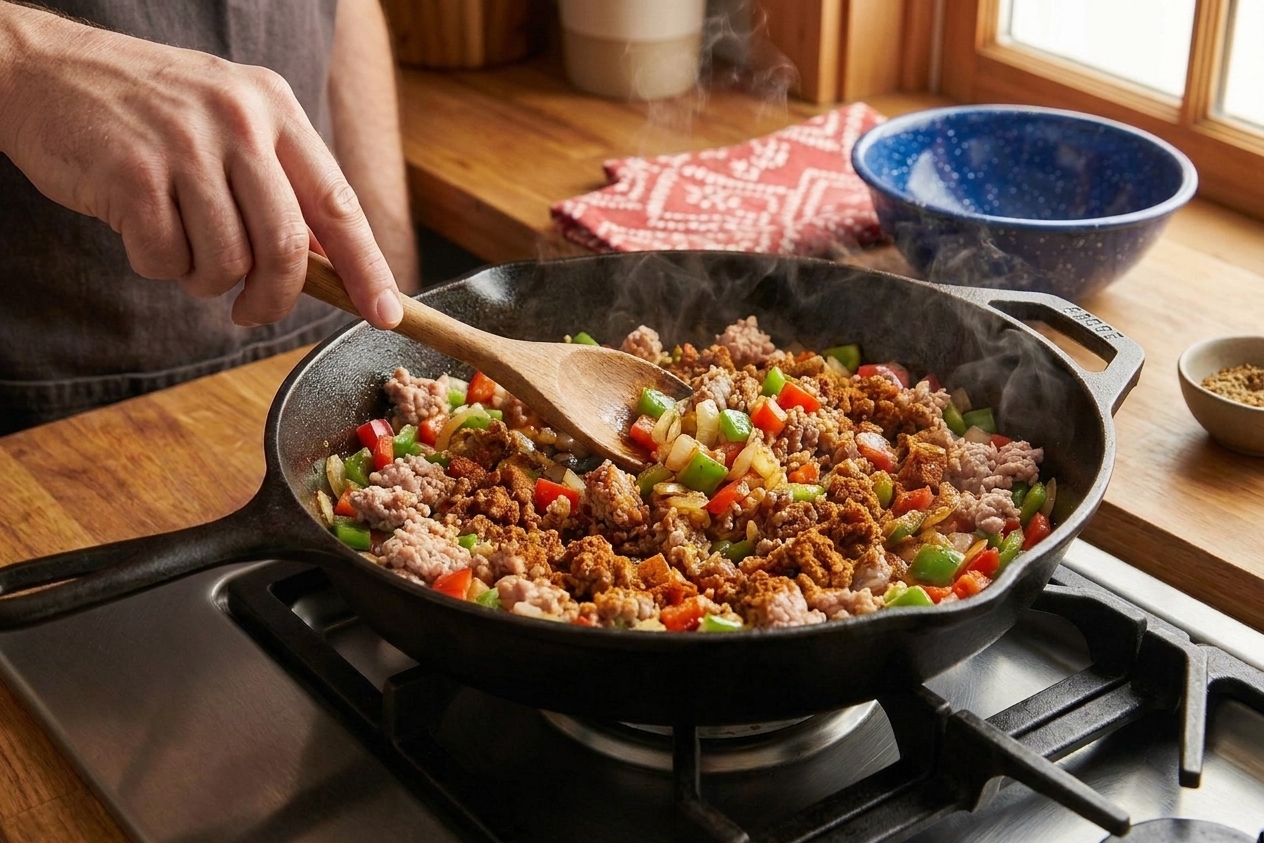Ground turkey browning in a skillet with onions and spices on a stovetop