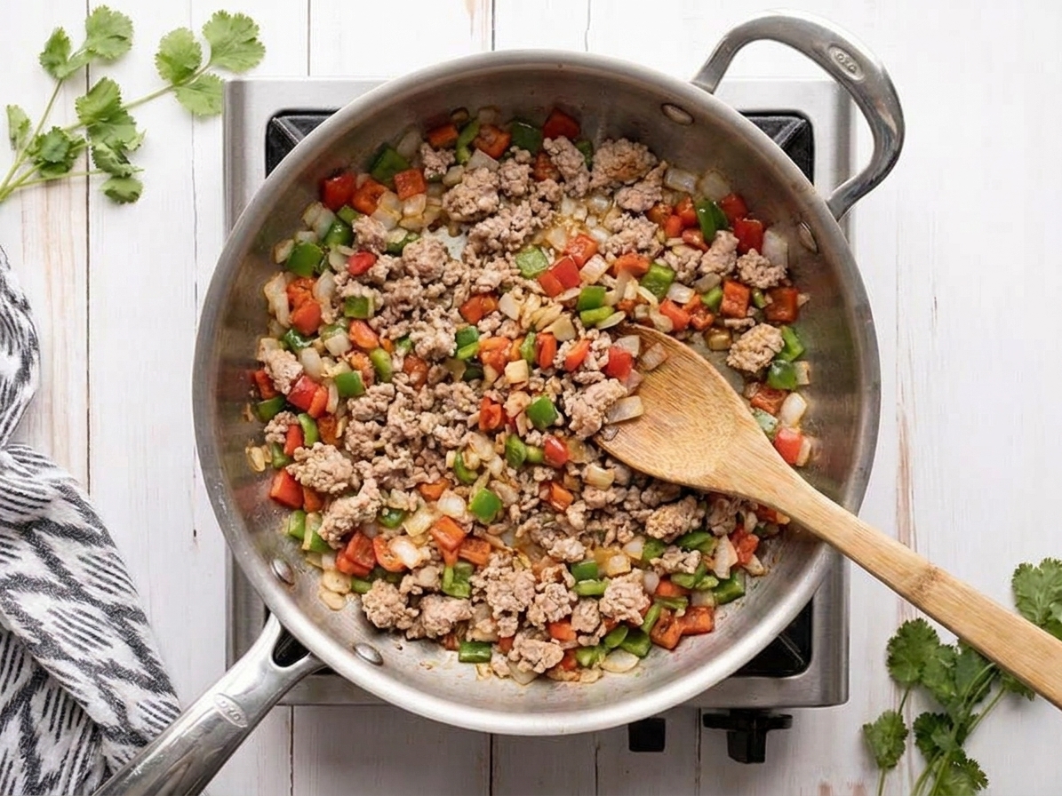 Ground turkey browning in a skillet with sautéed onions and peppers, showing light golden bits forming