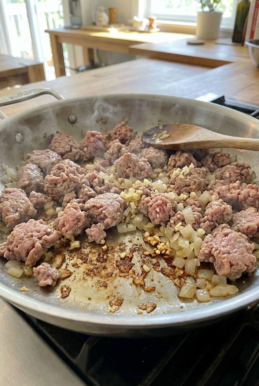Ground turkey browning in a stainless steel pan with garlic and onions, showing golden crispy bits forming on the bottom