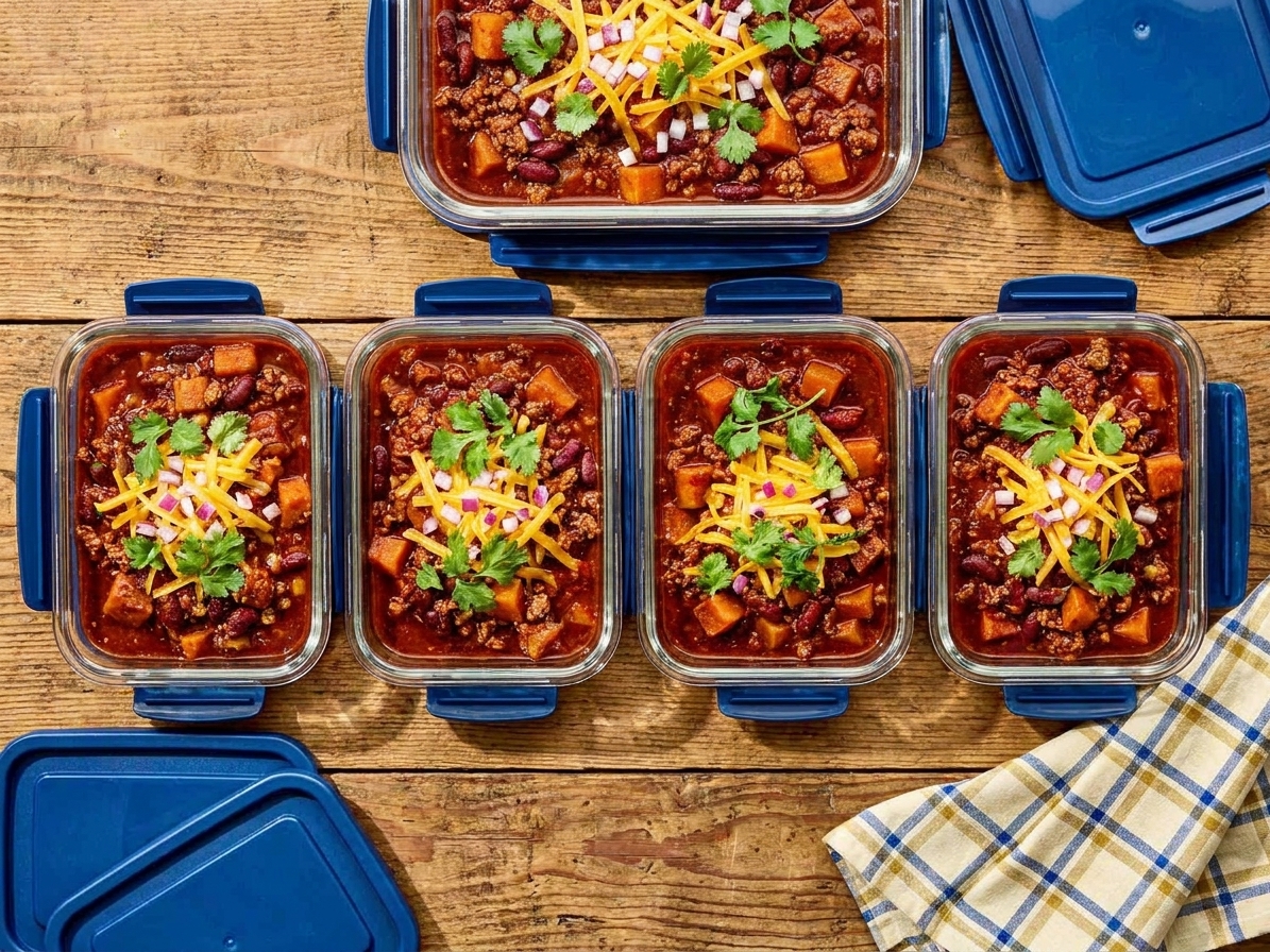 Ground turkey chili portioned into glass meal prep containers with lids