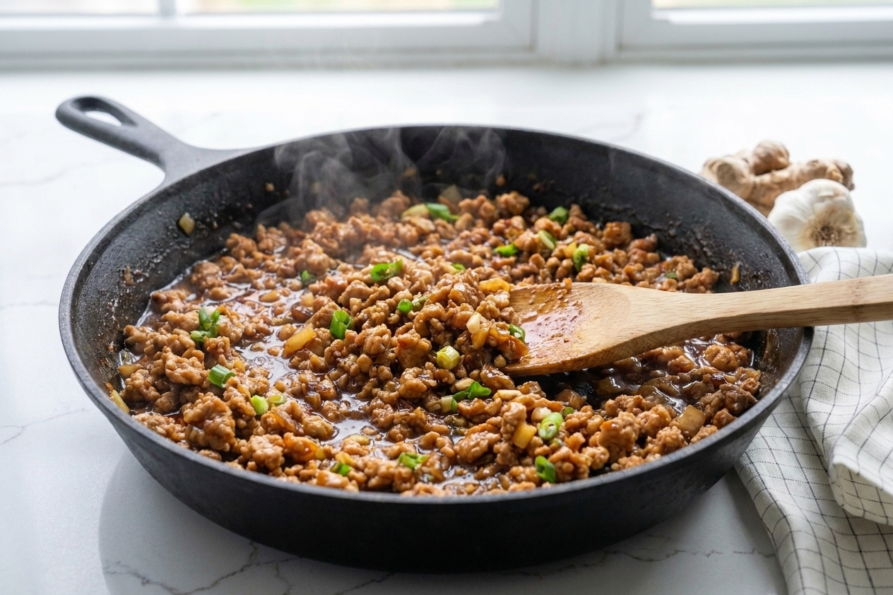 Ground turkey coated in a glossy ginger-soy sauce in a skillet, with a wooden spoon stirring