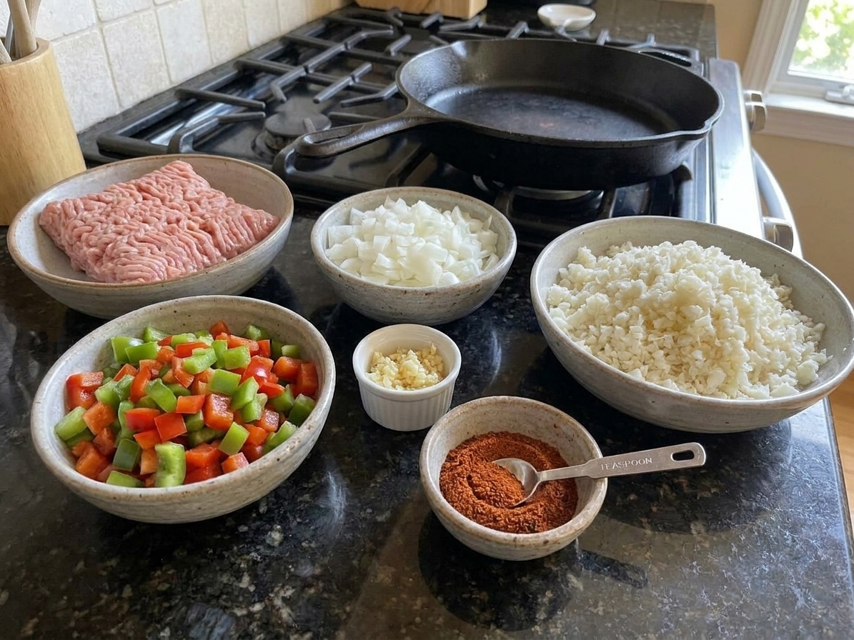 Ground turkey, diced bell peppers, diced onion, garlic, taco seasoning, and cauliflower rice arranged in bowls on a kitchen counter