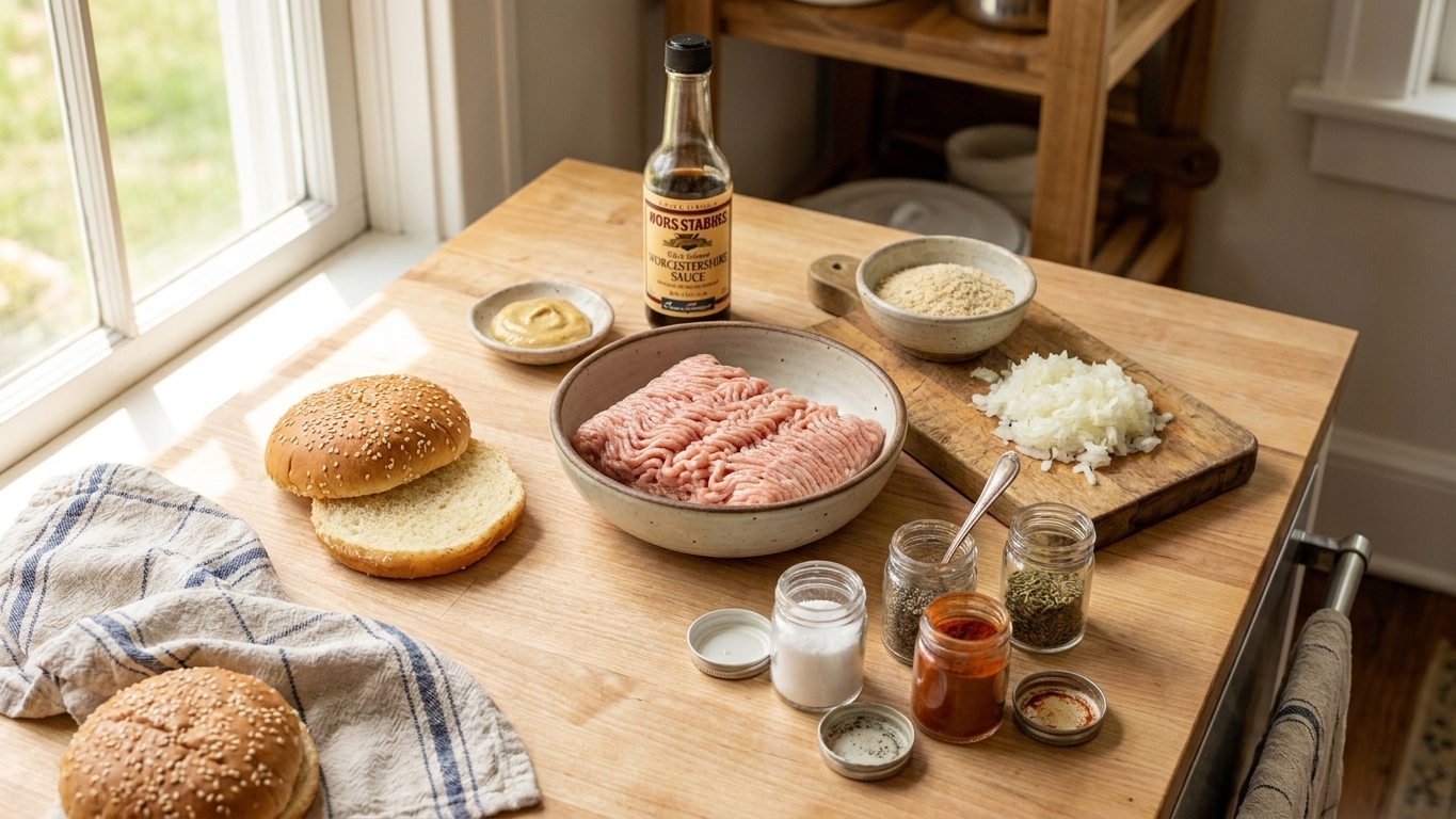 Ground turkey, grated onion, breadcrumbs, Dijon mustard, Worcestershire sauce, spices, and burger buns arranged on a clean kitchen counter in warm natural light