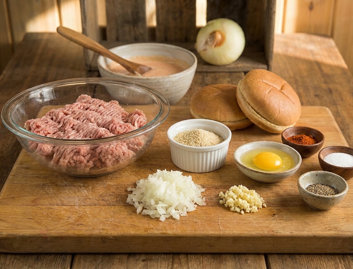 Ground turkey, grated onion, garlic, breadcrumbs, egg, spices, and burger buns arranged on a wooden cutting board on a bright kitchen counter