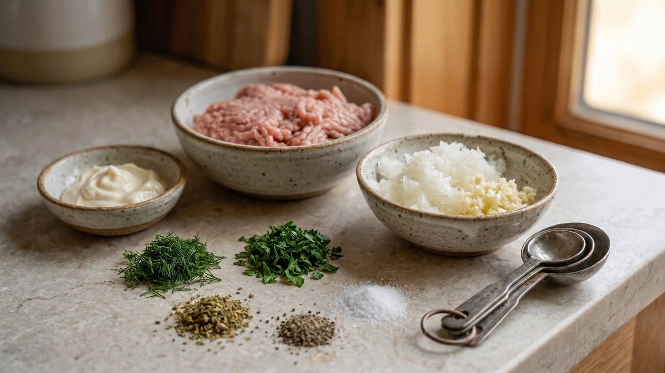 Ground turkey, grated onion, garlic, spices, and a small bowl of mayonnaise arranged with measuring spoons