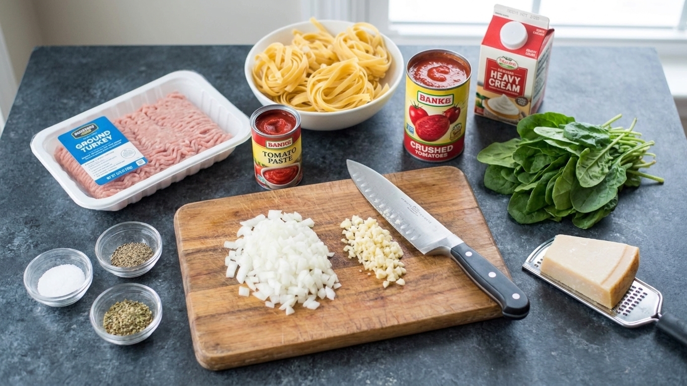 Ground turkey, pasta, onion, garlic, tomato paste, crushed tomatoes, cream, spinach, Parmesan, and seasonings arranged on a bright kitchen counter