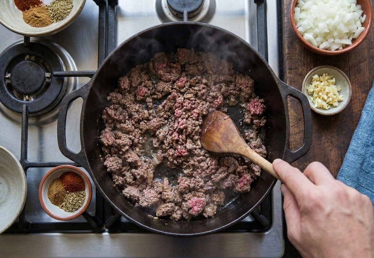 Ground venison browning in a Dutch oven while being stirred with a wooden spoon on a stovetop