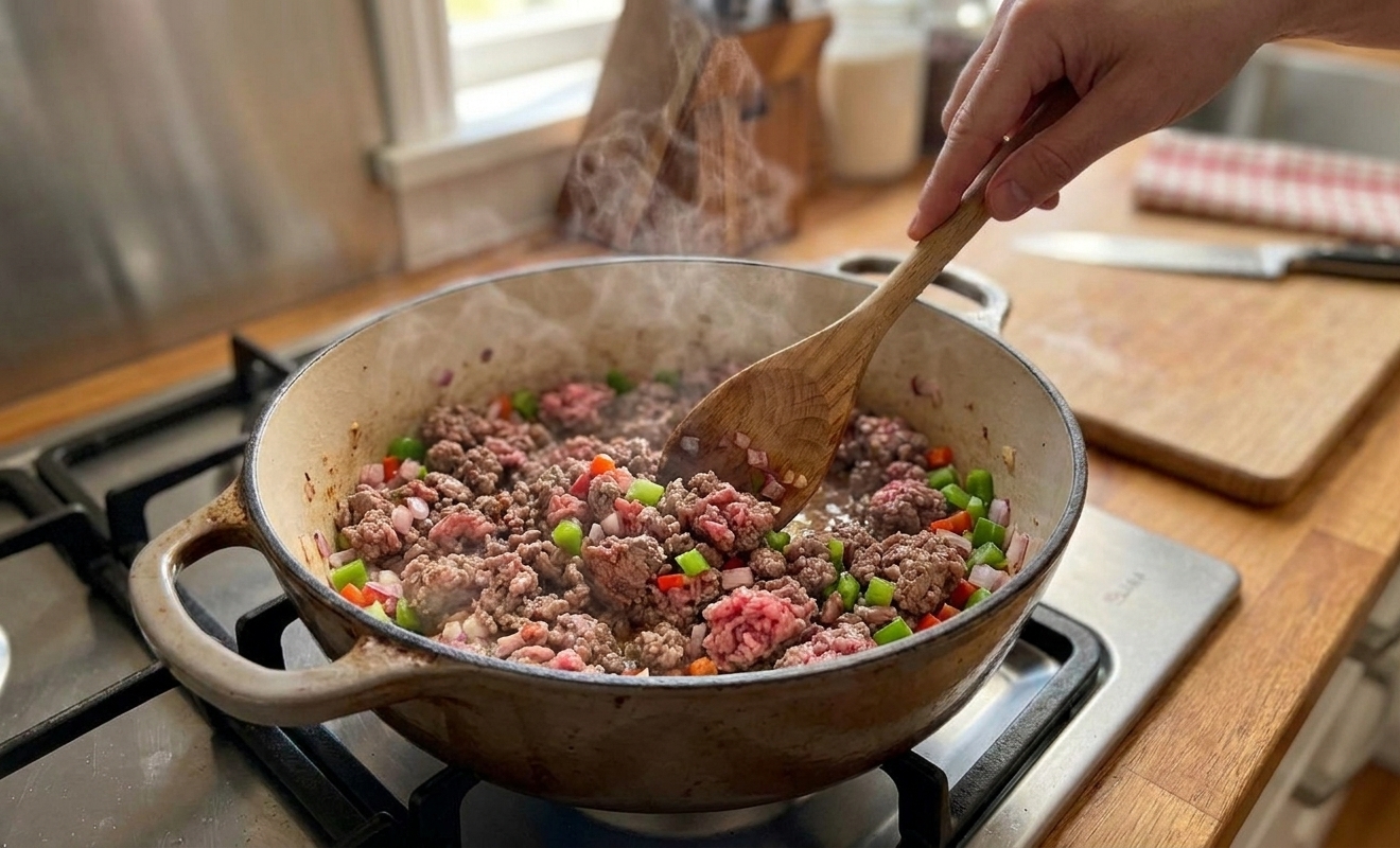 Ground venison browning in a Dutch oven with a wooden spoon stirring as steam rises over a stovetop in a home kitchen
