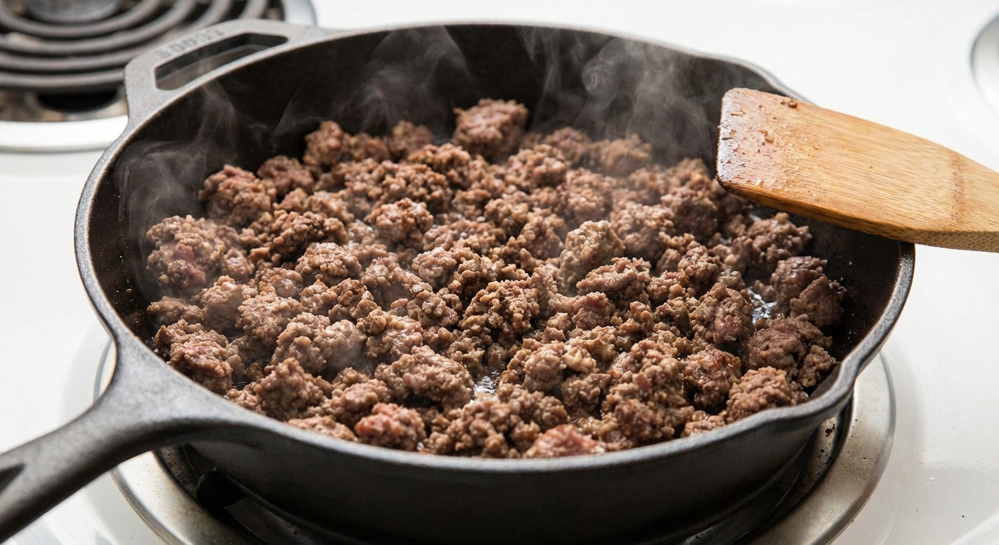 Ground venison browning in a hot skillet, broken into crumbles