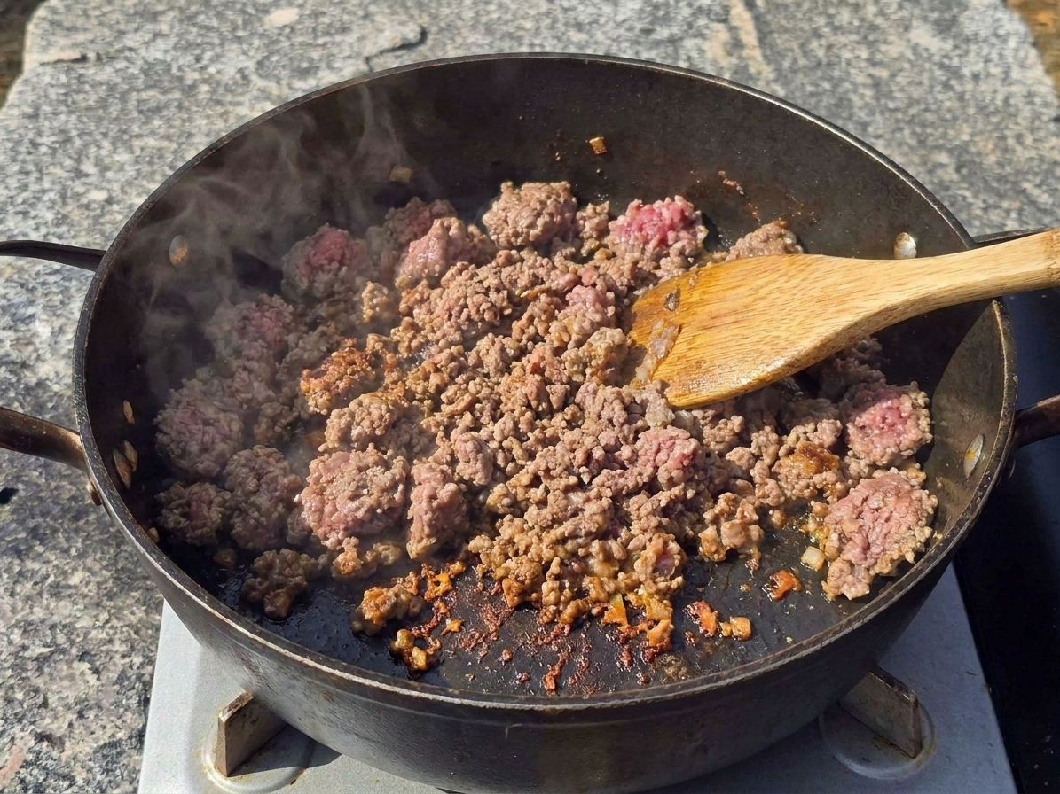 Ground venison browning in a pot with visible browned bits forming on the bottom