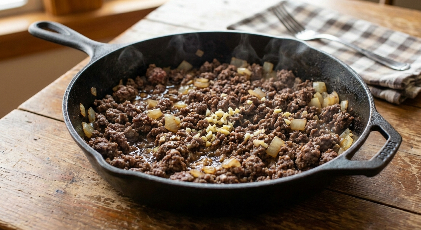 Ground venison browning in a skillet with onions and garlic
